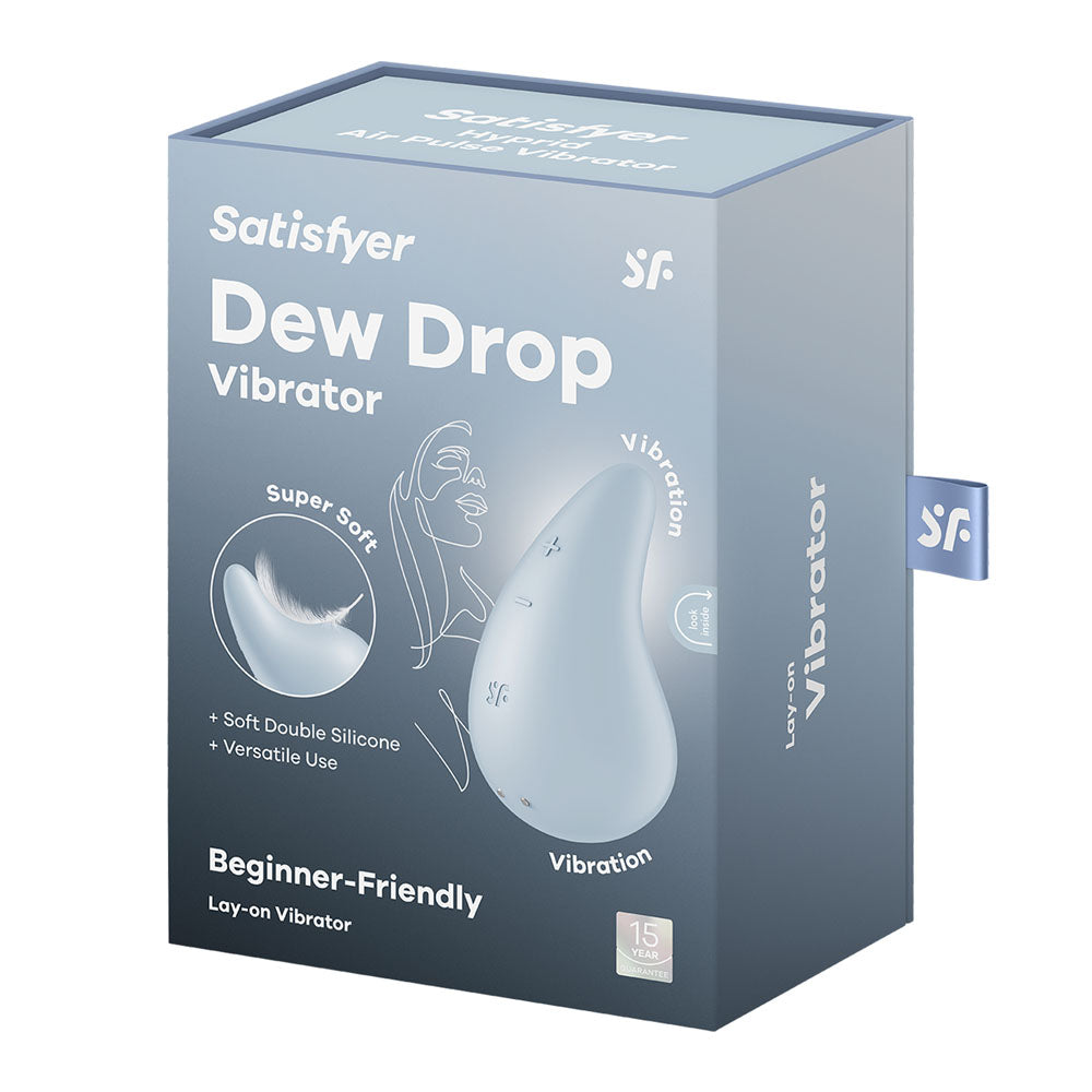 Satisfyer Dew Drop - Light  USB Rechargeable Stimulator packaging showcasing a beginner-friendly lay-on vibrator.