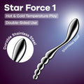 Satisfyer Star Force 1 - Steel 21 cm Dildo showcasing durable stainless steel for temperature play and double-sided use.