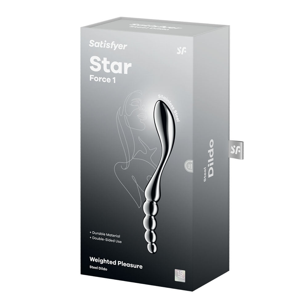 Satisfyer Star Force 1 - Steel 21 cm Dildo packaging featuring a sleek, double-sided design for weighted pleasure.