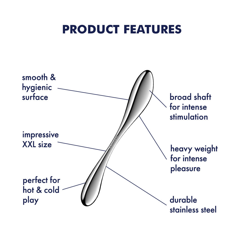 Product features of Satisfyer Star Force 3 - Steel 27 cm Dildo: smooth surface, broad shaft, XXL size, and durable stainless steel.