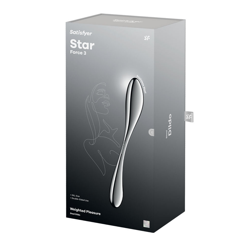 Satisfyer Star Force 3 - Steel 27 cm Dildo packaging showcasing its sleek design and weighted pleasure features.