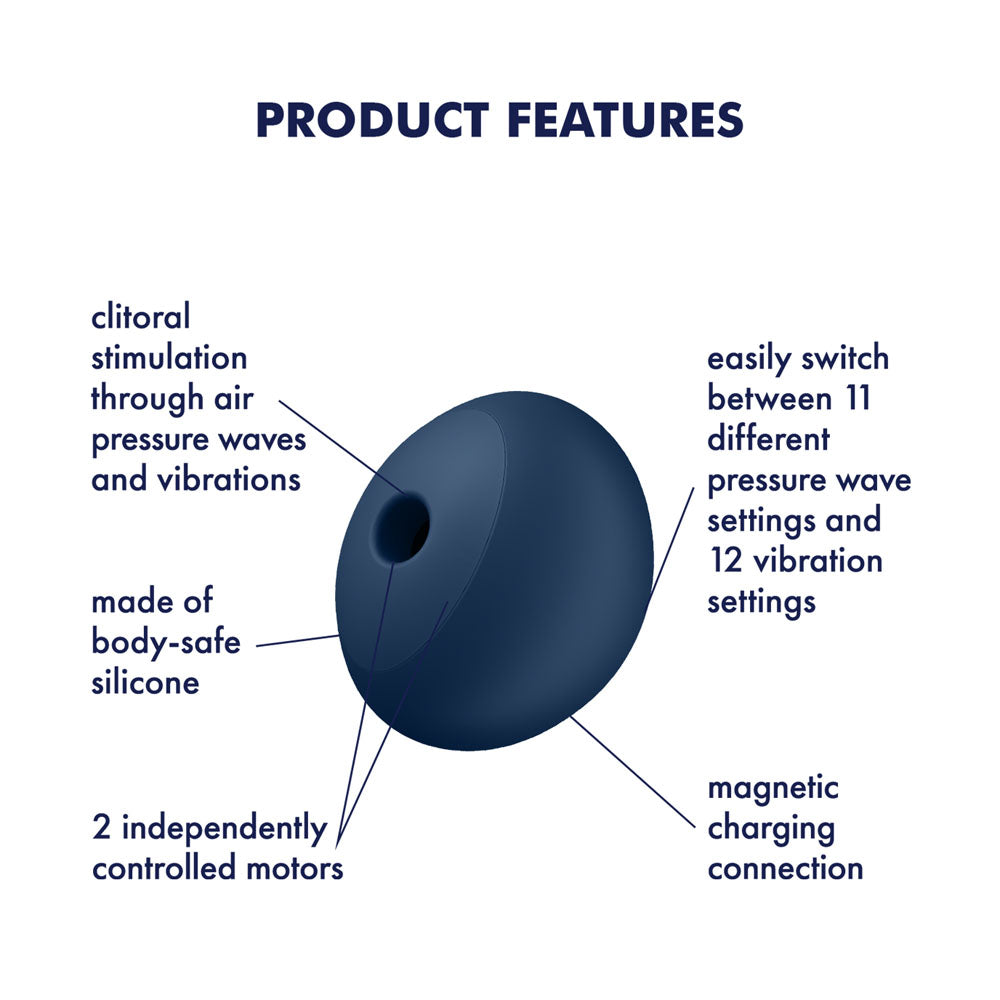 Satisfyer Air Power 4 - Navy USB Rechargeable Air Pulse Stimulator product features including clitoral stimulation and silicone material.