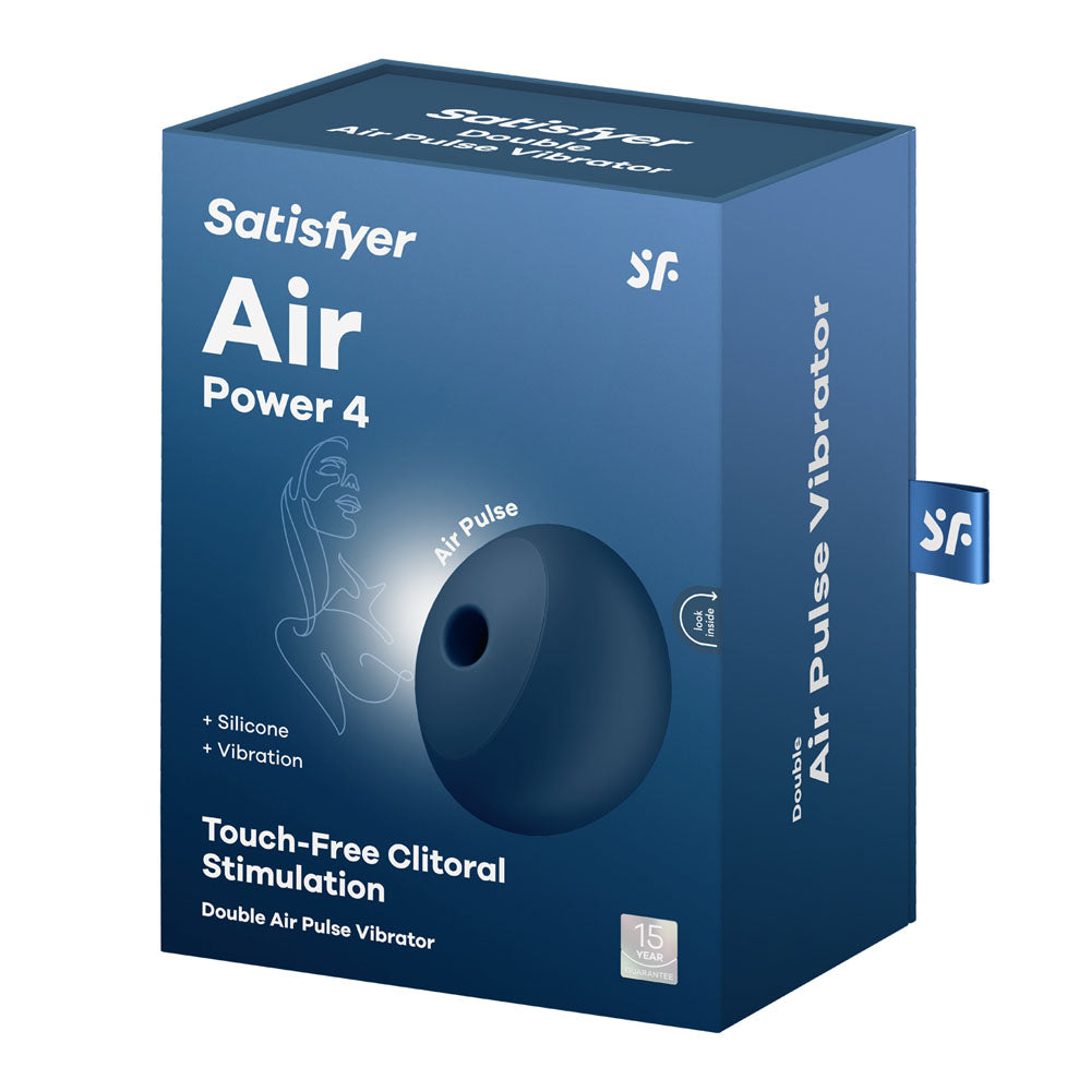 Satisfyer Air Power 4 - Navy USB Rechargeable Air Pulse Stimulator packaging with touch-free clitoral stimulation details.