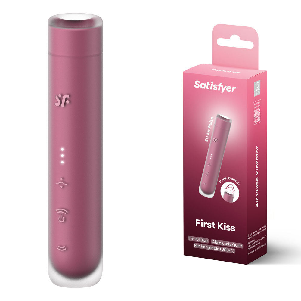Satisfyer First Kiss - USB Rechargeable Air Pulse Stimulator in pink, showcasing the product and packaging.