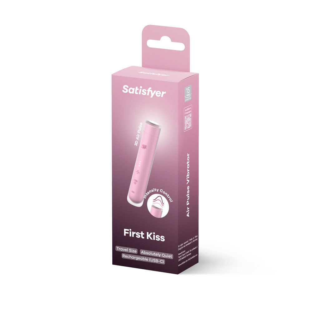 Satisfyer First Kiss - USB Rechargeable Air Pulse Stimulator packaging showing design and features for intimate essentials.