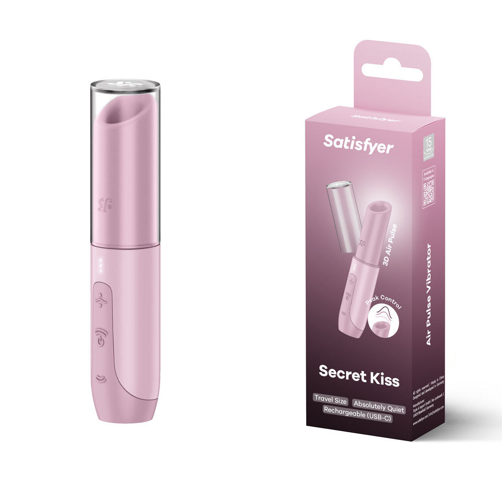 Satisfyer Secret Kiss - Lilac USB Rechargeable Air Pulse Stimulator showcased with its packaging and travel-friendly design.