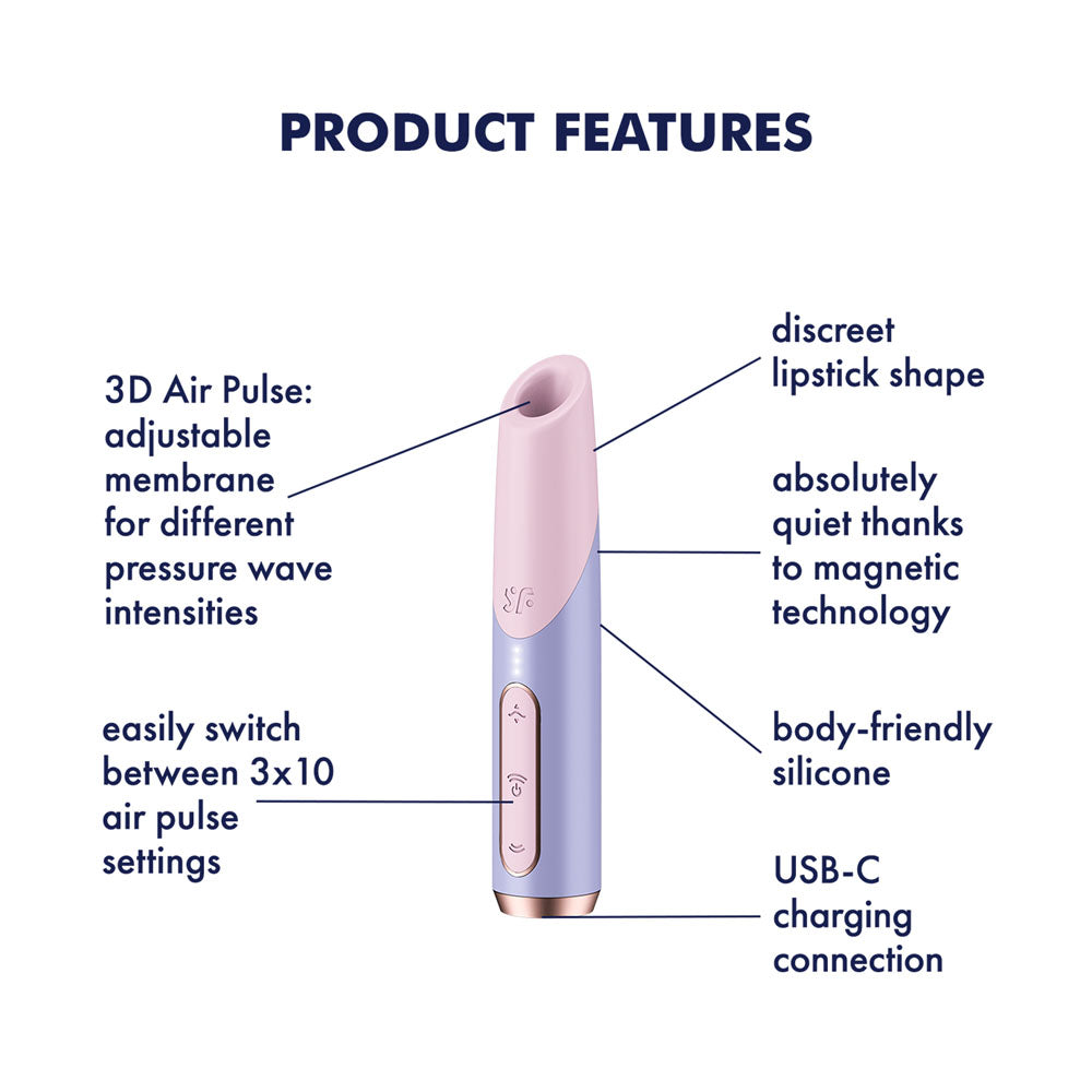 Satisfyer Bold Kiss -  USB Rechargeable Air Pulse Stimulator with adjustable 3D Air Pulse and USB-C charging features.