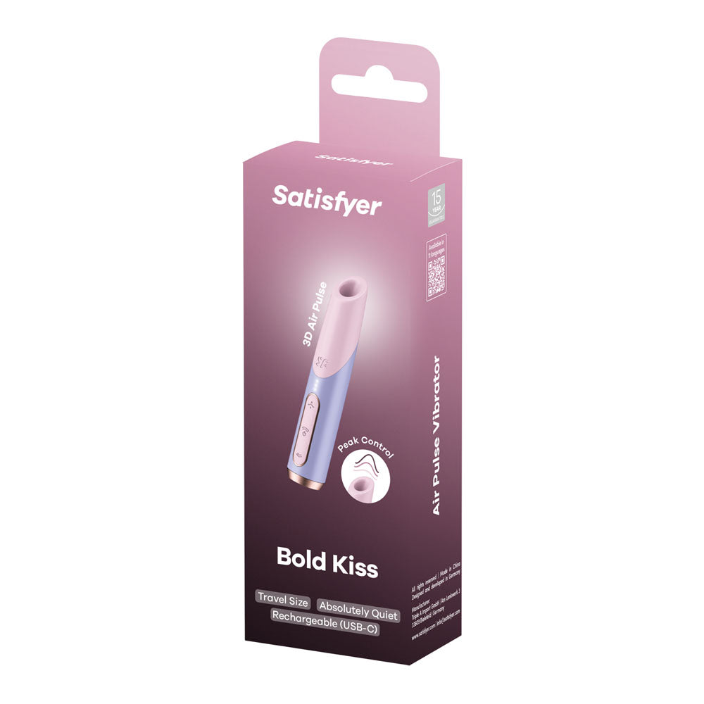 Satisfyer Bold Kiss -  USB Rechargeable Air Pulse Stimulator package design showcasing its travel size and quiet features.