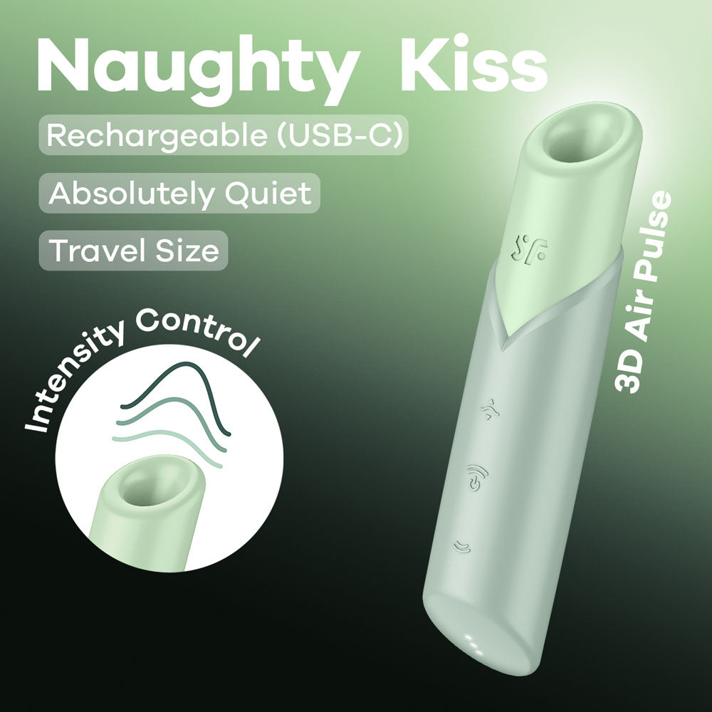 Satisfyer Naughty Kiss - Mint  USB Rechargeable Air Pulse Stimulator with intensity control and travel size features.