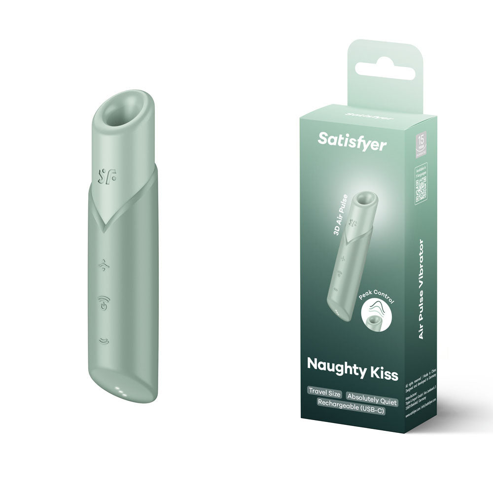 Satisfyer Naughty Kiss - Mint USB Rechargeable Air Pulse Stimulator with packaging, perfect for intimate essentials for her.