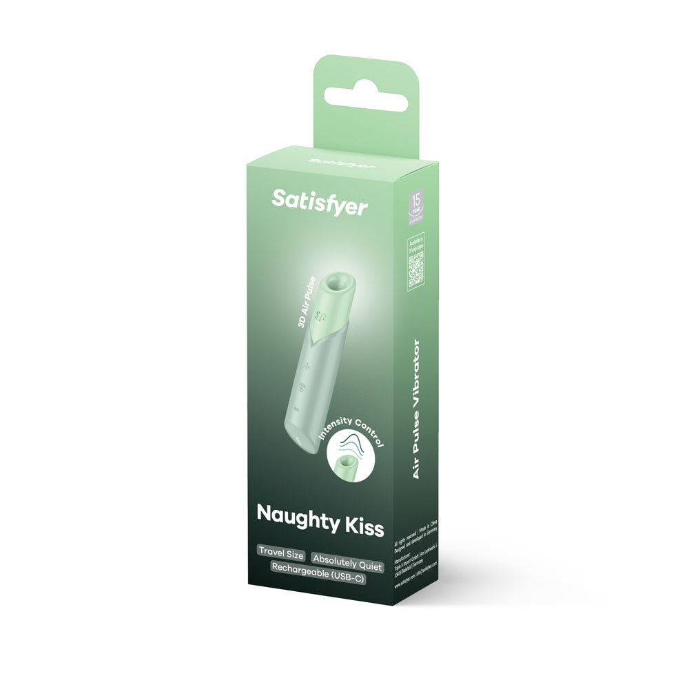 Satisfyer Naughty Kiss - Mint  USB Rechargeable Air Pulse Stimulator packaging showcasing its travel size and design features.