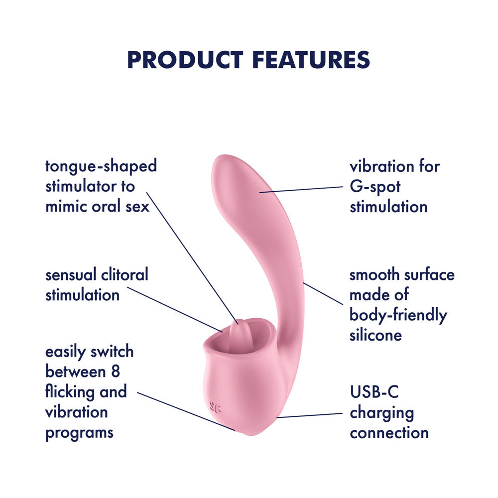 Satisfyer Tongue Genius - USB Rechargeable Vibrator with Flicking Clit Stimulator features tongue-shaped stimulator and USB-C charging.