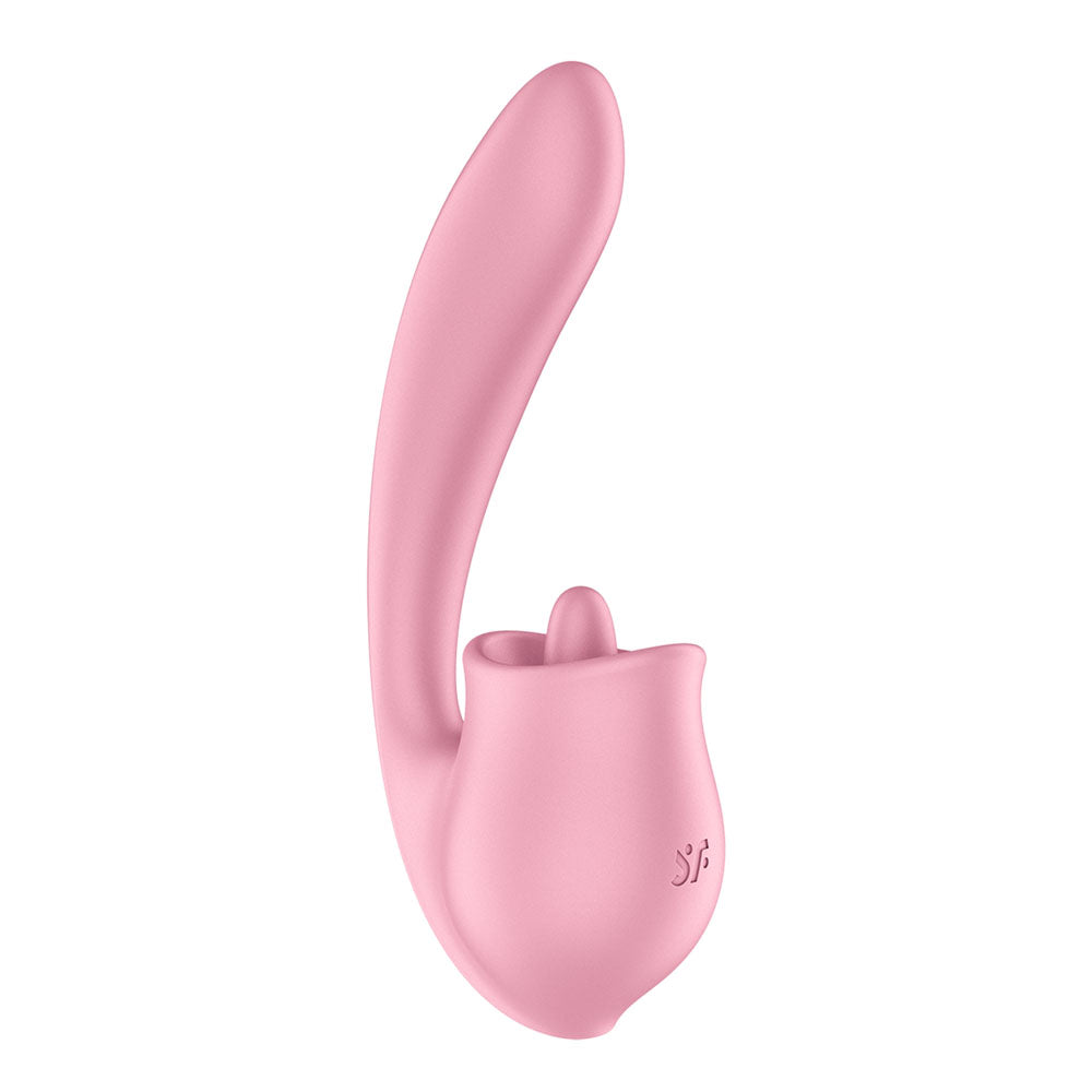 Satisfyer Tongue Genius - USB Rechargeable Vibrator with Flicking Clit Stimulator in pink color.