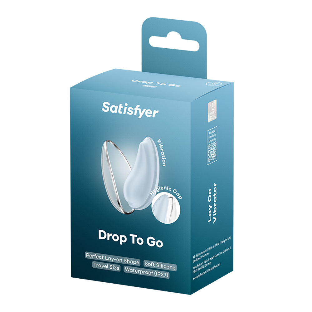 Satisfyer Drop To Go -  -  USB Rechargeable Clitoral Stimulator packaging featuring hygienic cap and travel size design.