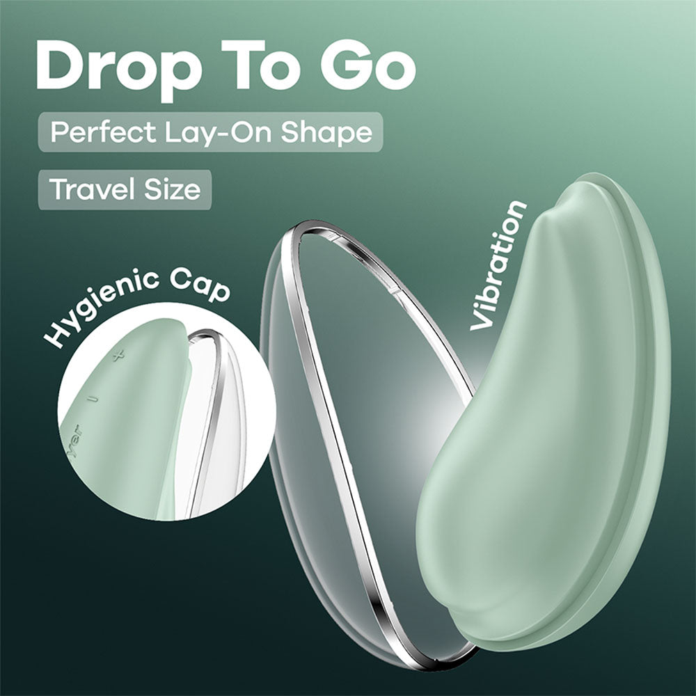 Satisfyer Drop To Go - Mint - Mint USB Rechargeable Clitoral Stimulator with hygienic cap, perfect lay-on shape and travel size.