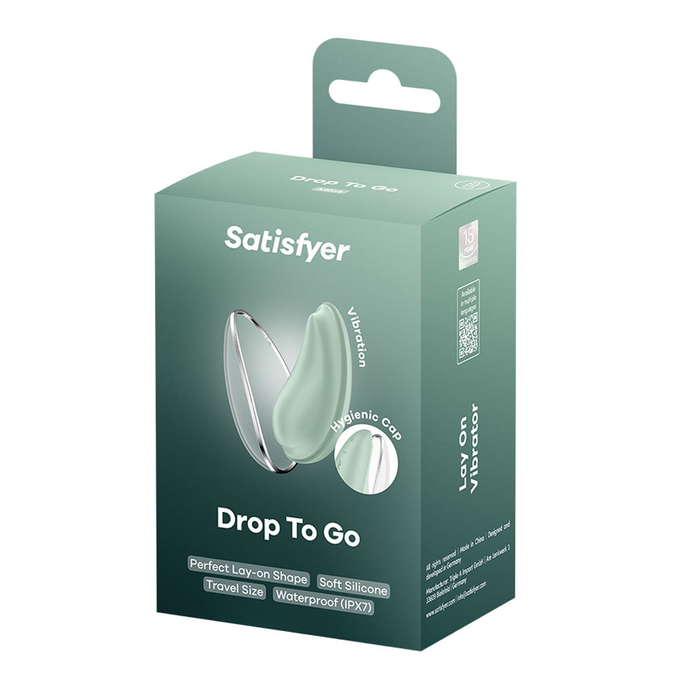 Satisfyer Drop To Go - Mint - Mint USB Rechargeable Clitoral Stimulator packaging with hygienic cap and soft silicone.