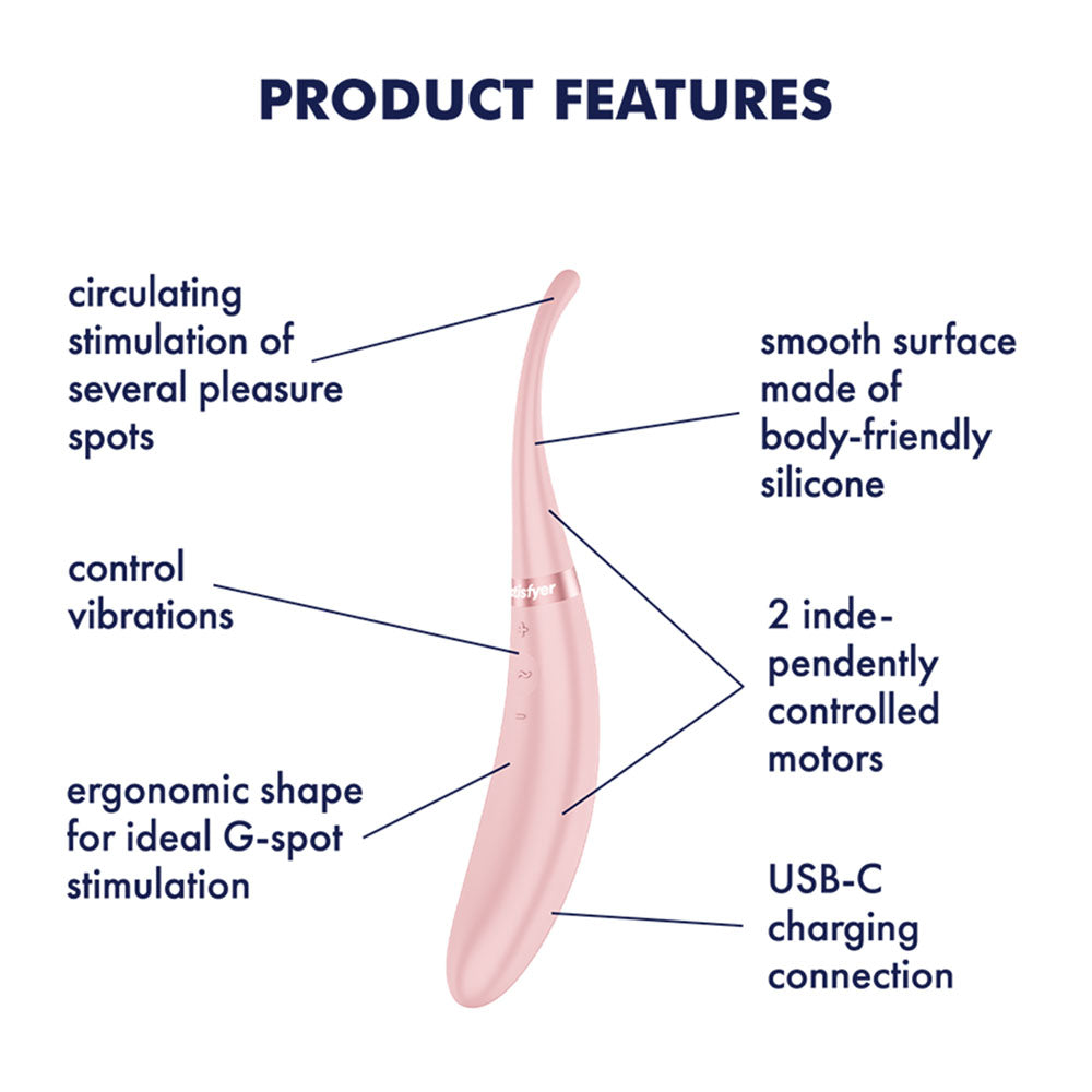 Product features of Satisfyer Tip Tease - Rose - Rose USB Rechargeable Vibrator with Twirling Tip.