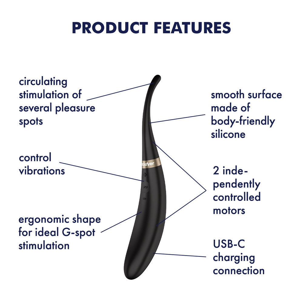 Satisfyer Tip Tease -  -  USB Rechargeable Vibrator with Twirling Tip features ergonomic shape for G-spot stimulation.