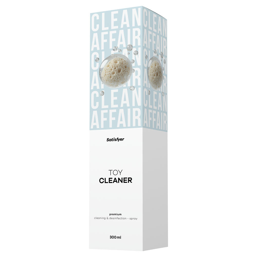 Satisfyer Toy Cleaner 300 ml - Misting Toy Cleaner - 300 ml Spray Bottle packaging for intimate essentials.