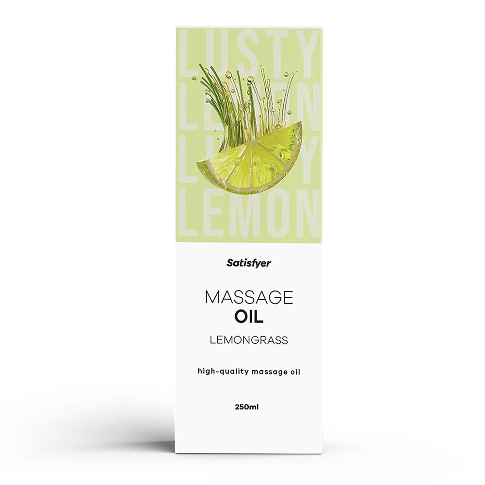 Satisfyer Massage Oil 250 ml Lemongrass - Lemongrass Scented Massage Oil - 250 ml Bottle packaging design