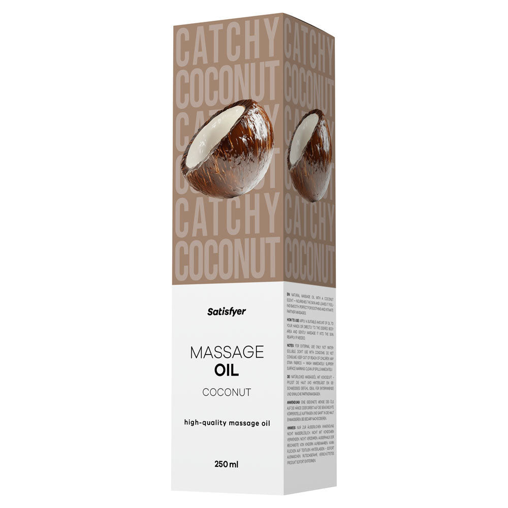 Satisfyer Massage Oil 250 ml Coconut - Coconut Scented Massage Oil - 250 ml Bottle packaging with coconut design.