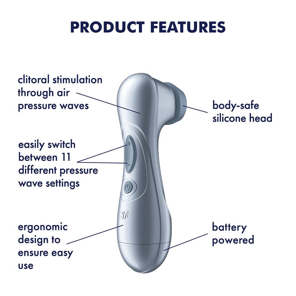 Satisfyer Pro 2 -  - Battery Series -  Touch-Free Clitoral Stimulator with features highlighted.