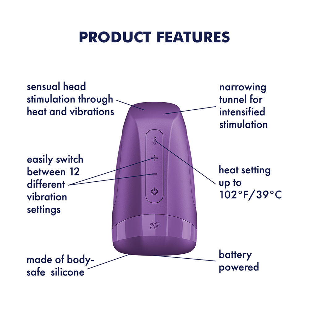 Satisfyer Men Heat Vibration - Battery Series -  Heating and Vibrating Masturbator product features diagram showing heat and vibration settings.