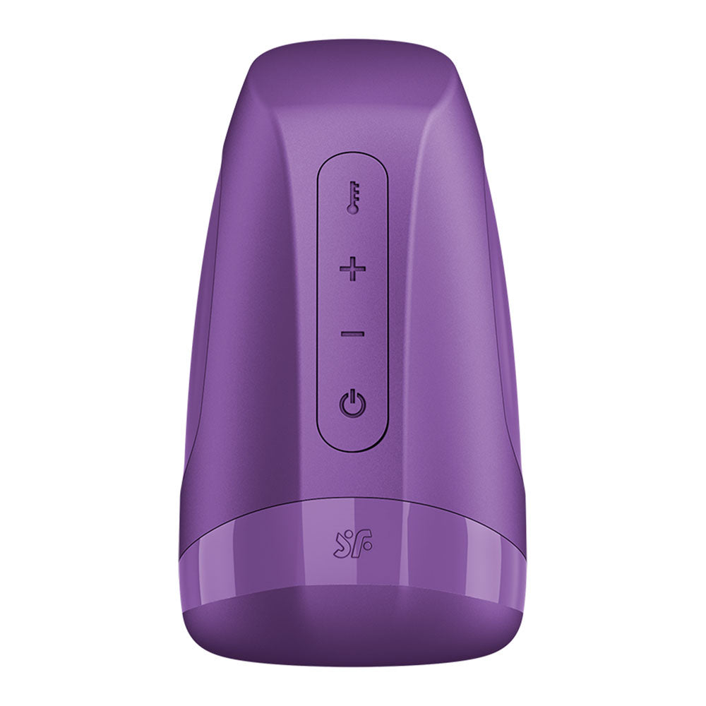 Satisfyer Men Heat Vibration - Battery Series -  Heating and Vibrating Masturbator in purple color with control buttons.
