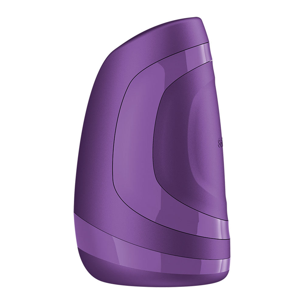 Satisfyer Men Heat Vibration - Battery Series -  Heating and Vibrating Masturbator in purple color, side view.