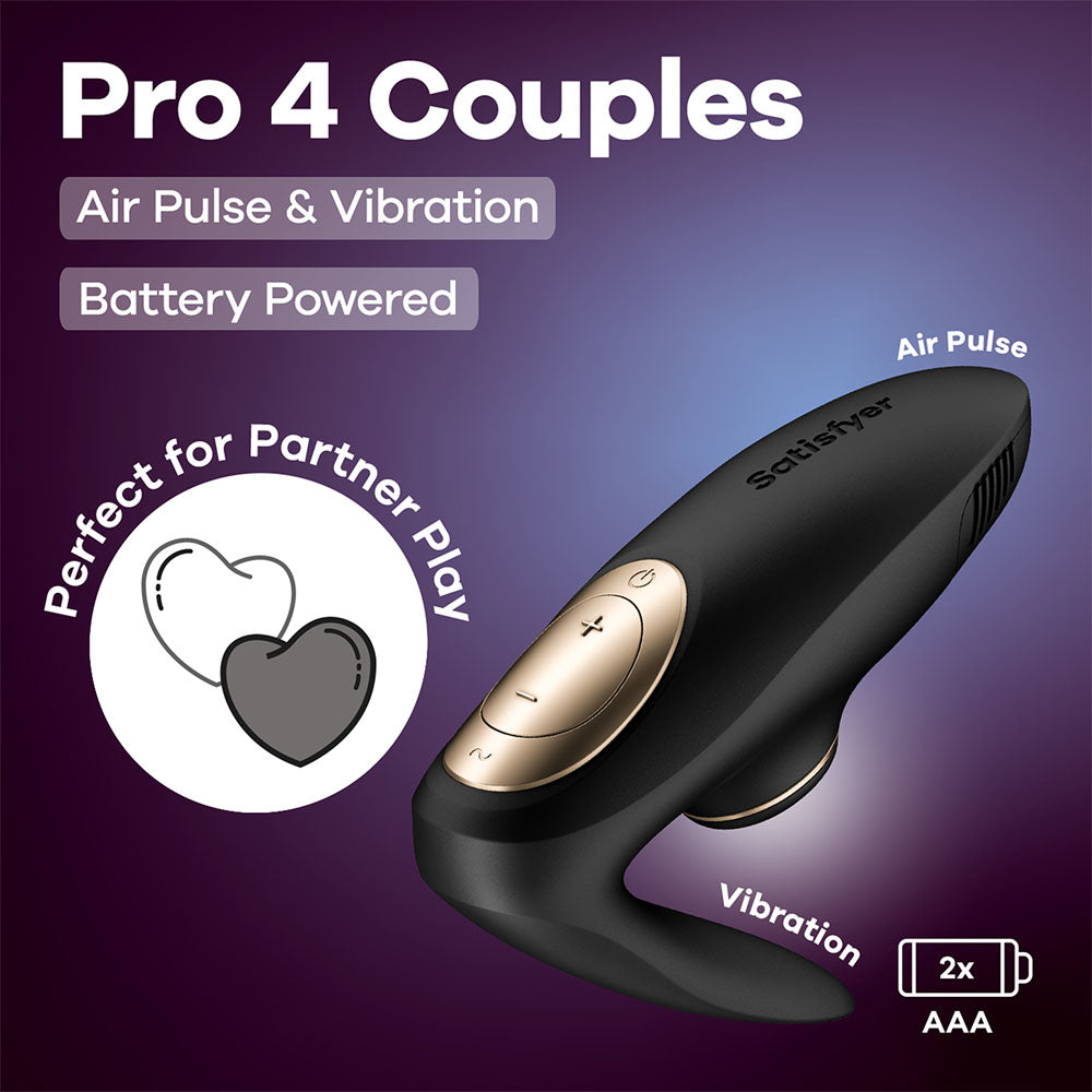 Satisfyer Pro 4 Couples - Battery Series -  U-Shaped Couples Vibe with Air Pulsation features air pulse and vibration settings.
