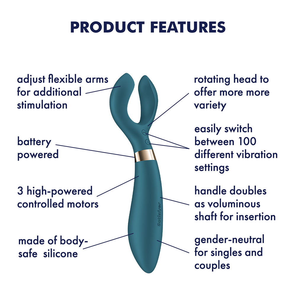 Satisfyer Endless Fun - Battery Series - 23.5 cm Stimulator features adjustable arms, battery power, and 3 motors for stimulation.