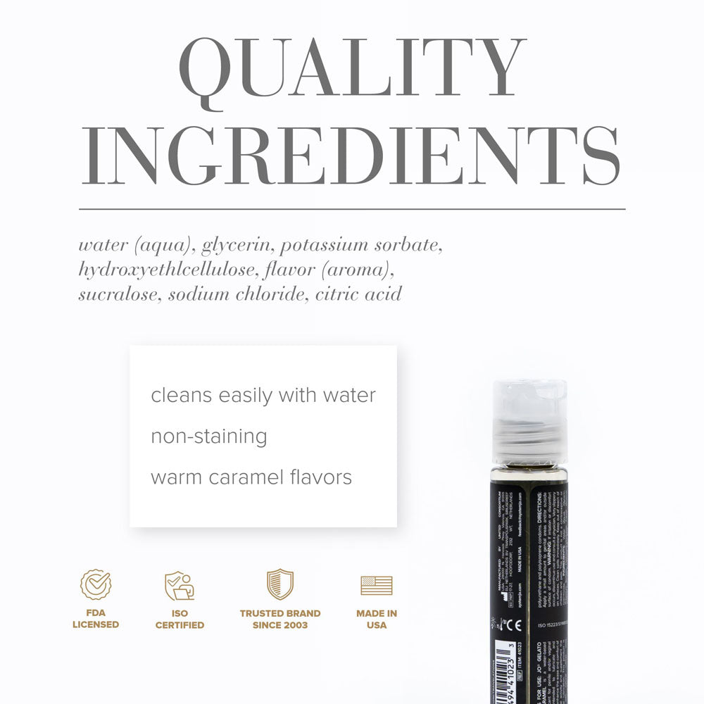 JO Gelato Salted Caramel Lube - 30 mL - Salted Caramel Flavoured Water Based Lubricant - 30 ml Bottle quality ingredients list