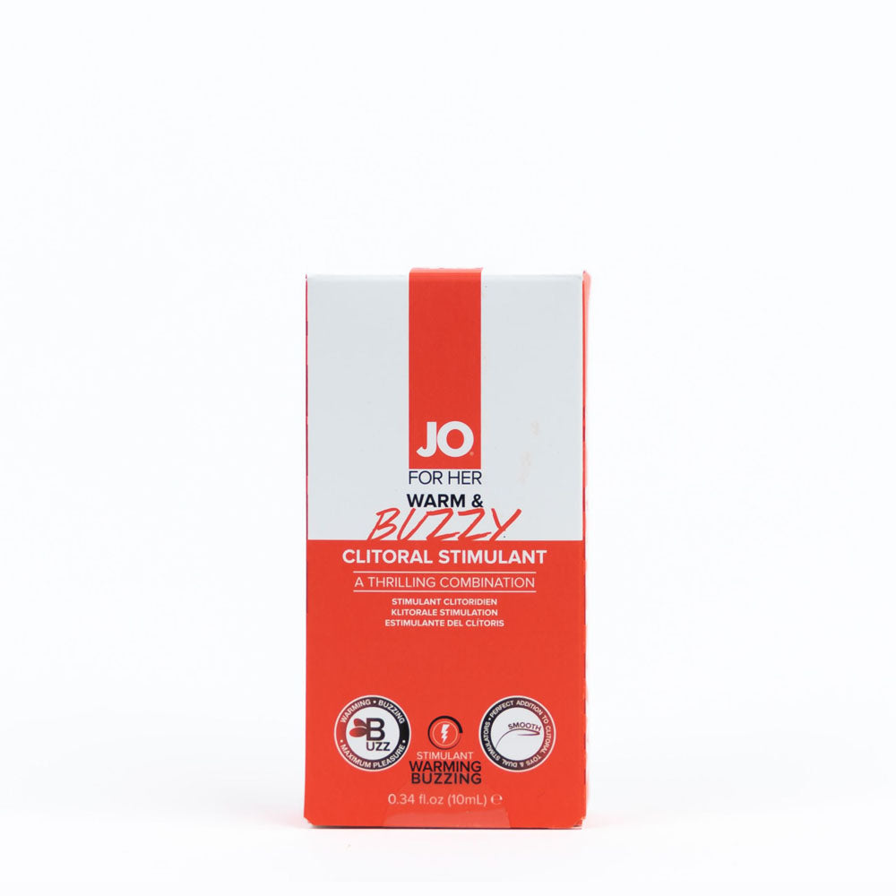 JO Warm & Buzzy clitoral stimulant gel packaging for warming clitoral stimulant gel in 10 mL tube.