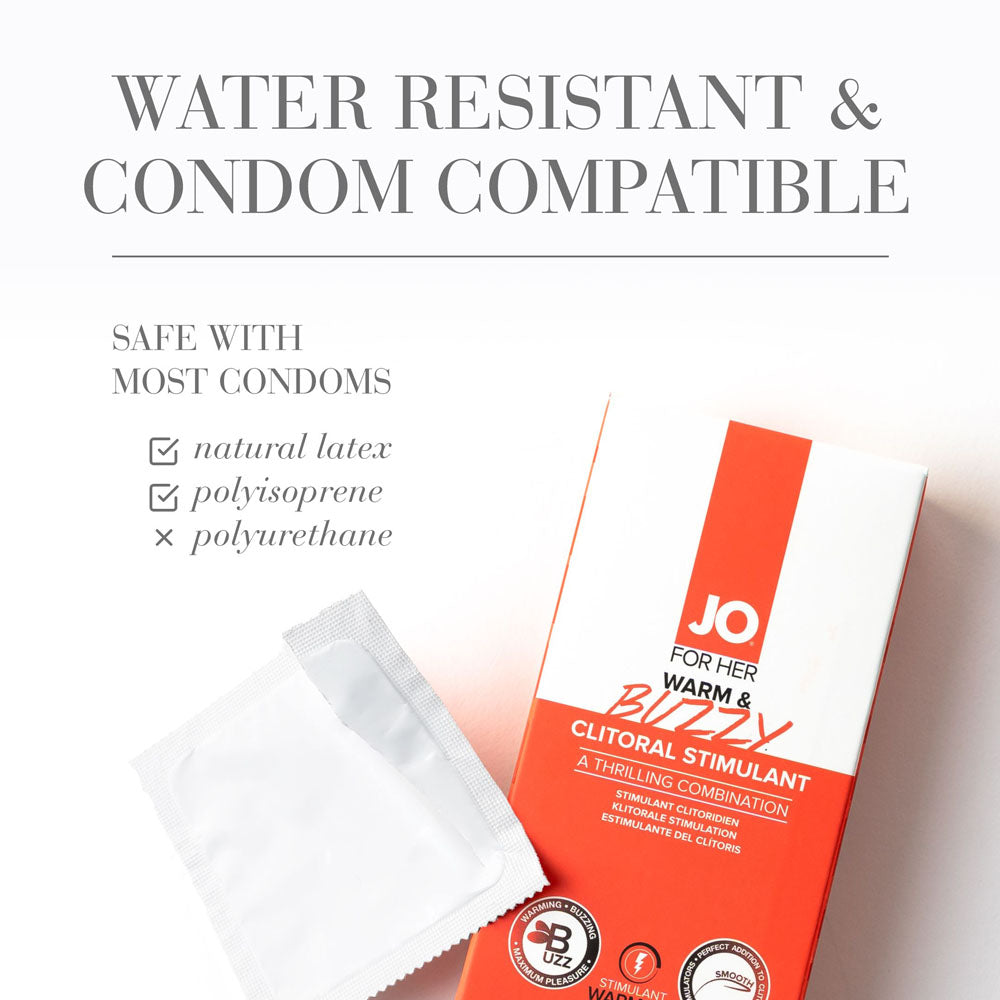JO Warm & Buzzy Clitoral Stimulant Gel packaging, highlighting water resistance and compatibility with condoms.