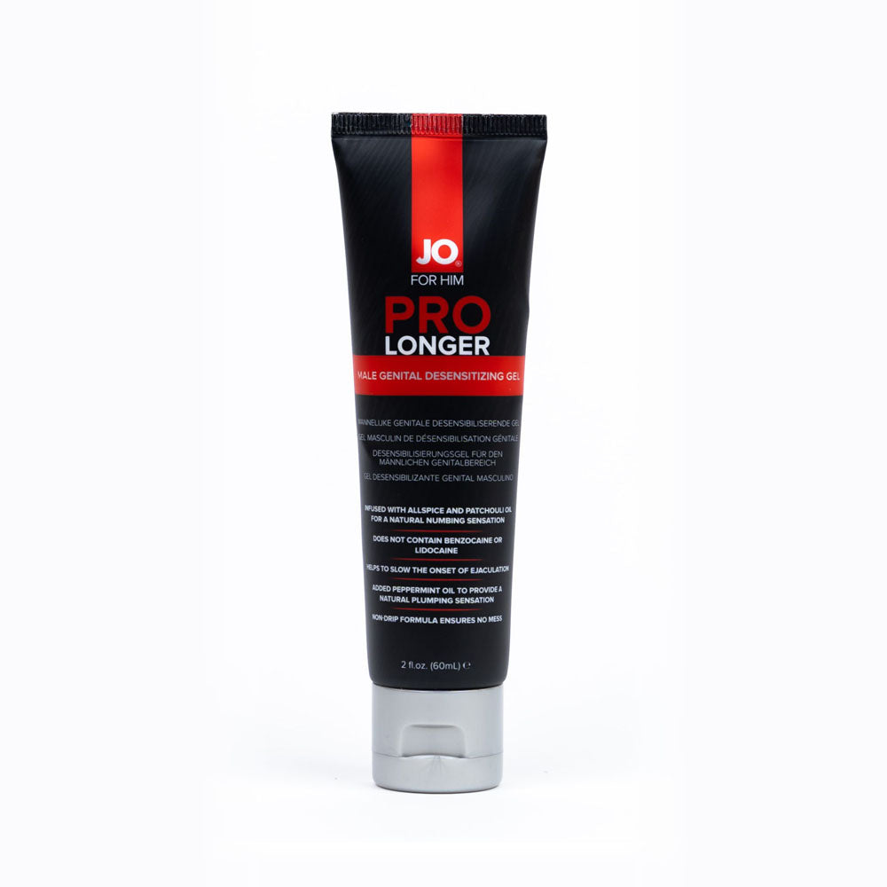 JO Prolonger Gel - 60 mL - Penis Desensitising Gel - 60 ml Tube in a sleek black tube packaging.