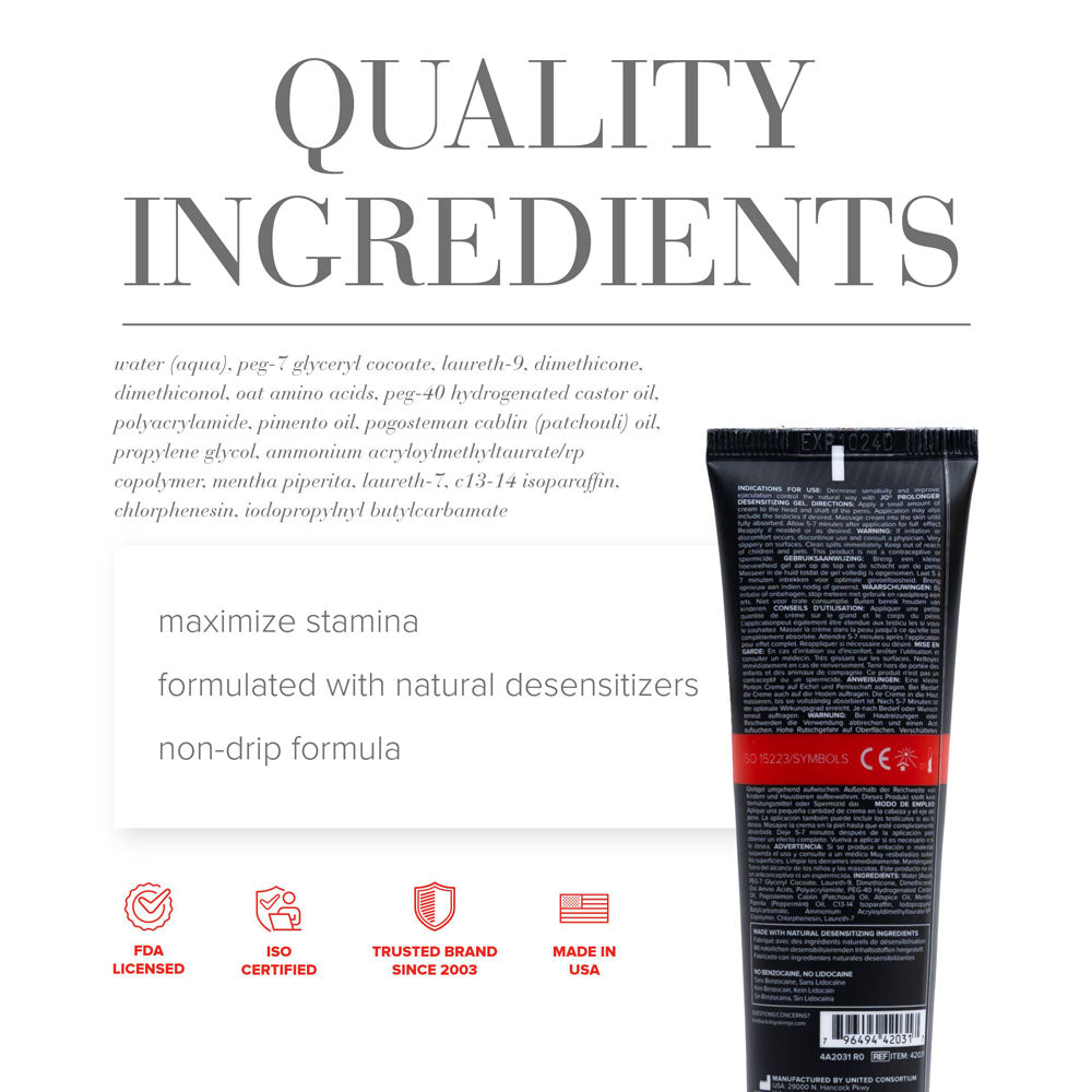 JO Prolonger Gel - 60 mL - Penis Desensitising Gel - 60 ml Tube - quality ingredients for enhanced intimacy.