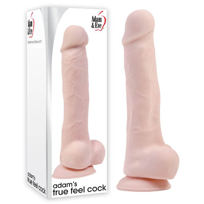 Adam & Eve Adam's True Feel Cock - 17.8 cm (7'') Dong in packaging, showcasing its realistic design and suction cup base.