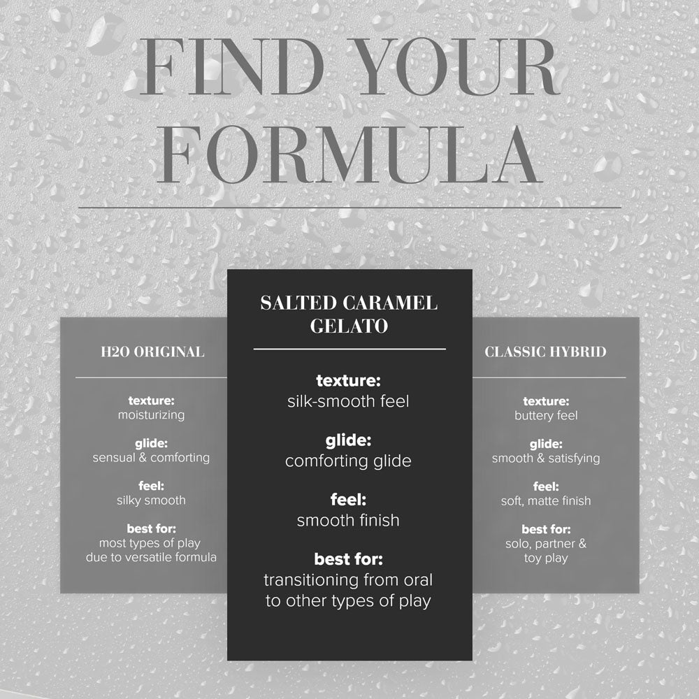 Find Your Formula chart for JO Gelato Salted Caramel Lube, highlighting texture, glide, and best uses.