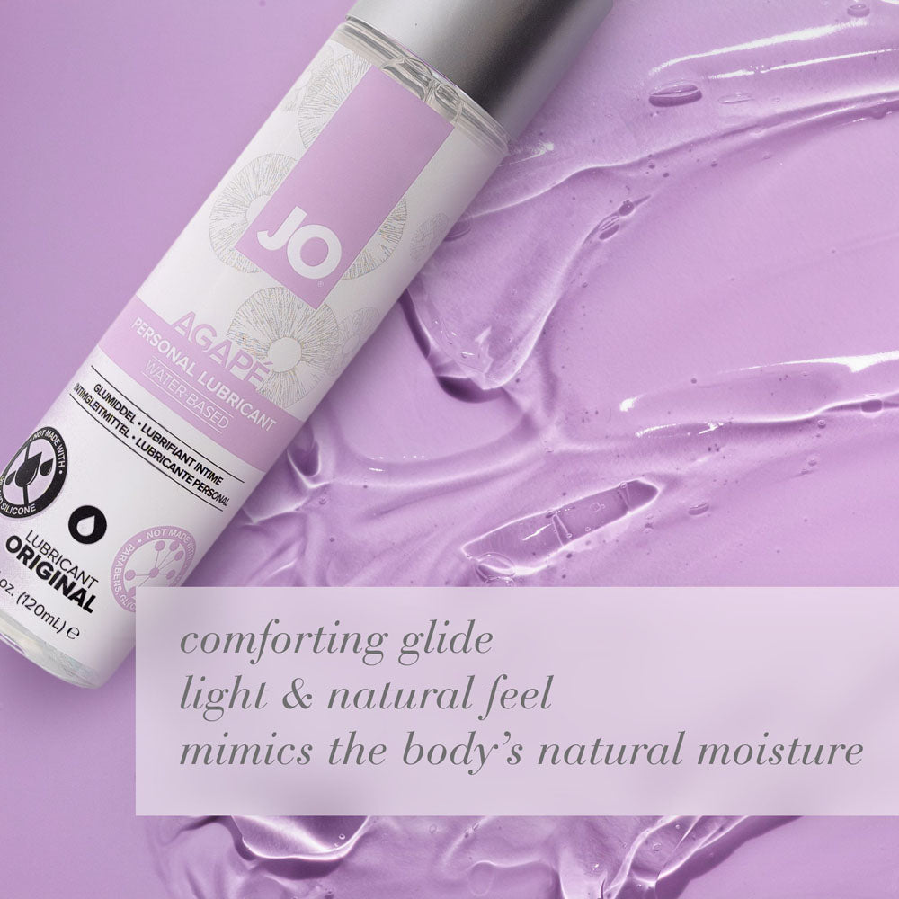 JO Agape Original Lube - 120 mL - Water Based Lubricant for Sensitive Skin - 120 ml Bottle on silky surface.