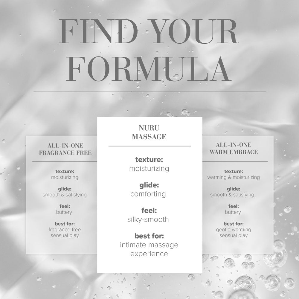 Find your formula: Nuru massage with moisturizing texture and silky-smooth feel for intimate massage experience.