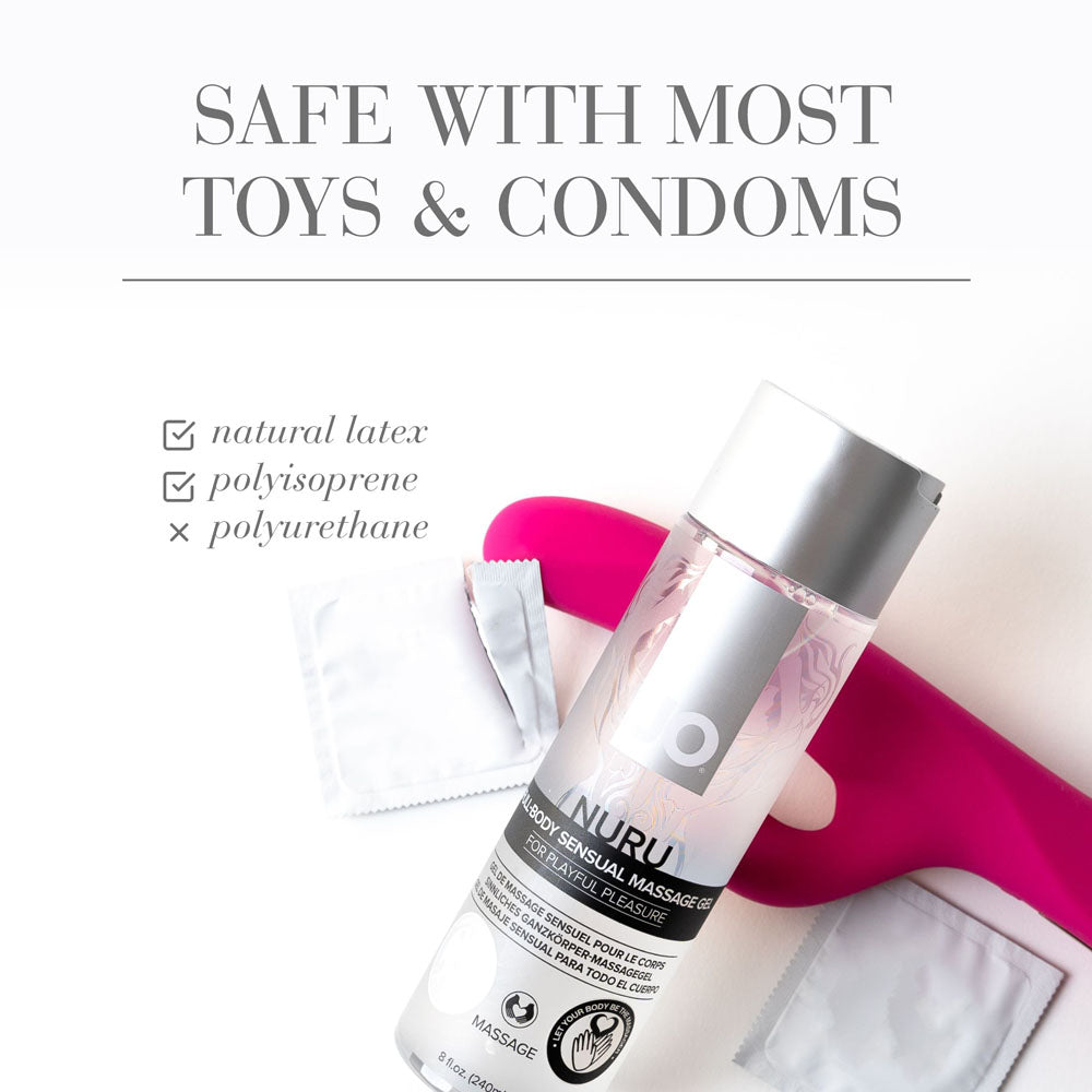 JO Nuru Massage Gel bottle with safe use icons for toys and condoms, featuring natural latex, polyisoprene, and polyurethane.