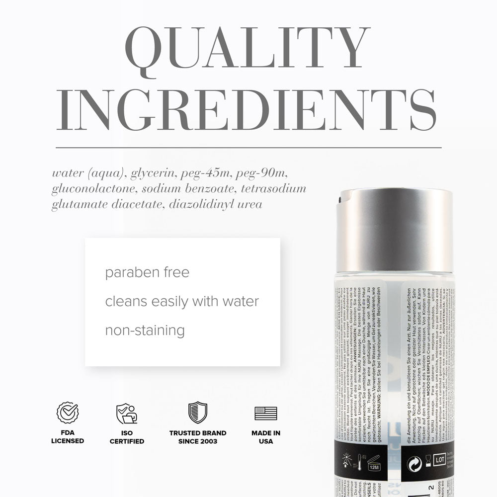 JO Nuru Massage Gel ingredient list showcasing quality components like water, glycerin, and more.