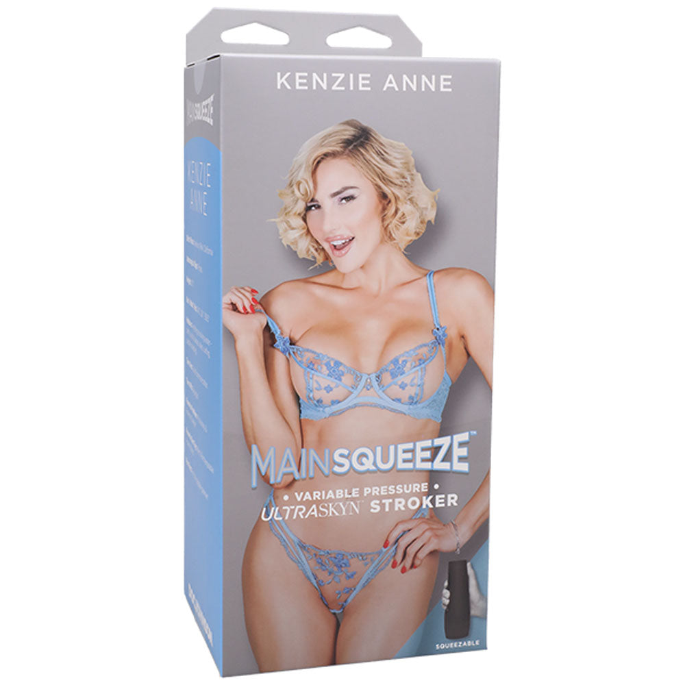 Main Squeeze - Kenzie Anne -  Vagina Stroker packaging showcasing a lifelike ULTRASKYN masturbator for intimate essentials.