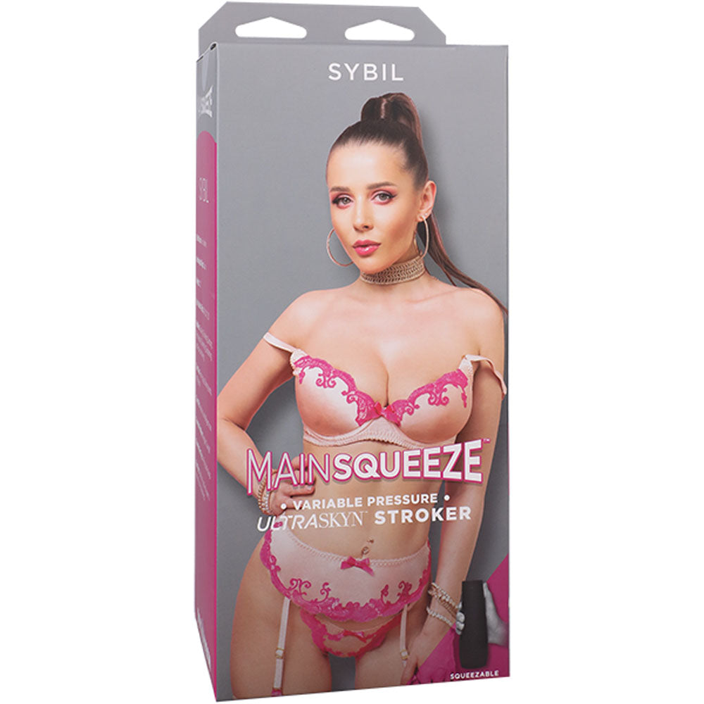 Main Squeeze - Sybil -  Vagina Stroker packaging with seductive model in pink lingerie.