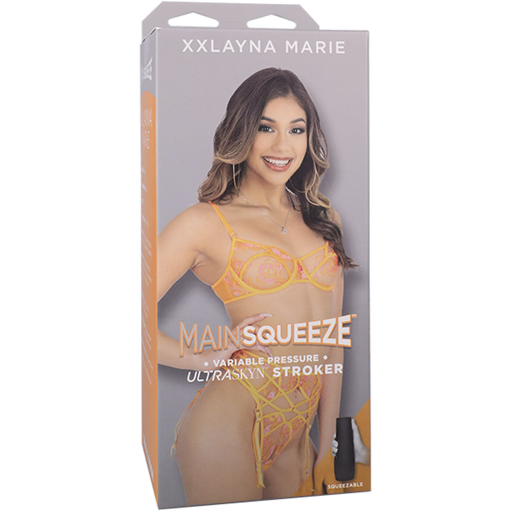 Main Squeeze - Xxlayna Marie - Tan Vagina Stroker packaging featuring Xxlayna Marie in lingerie.