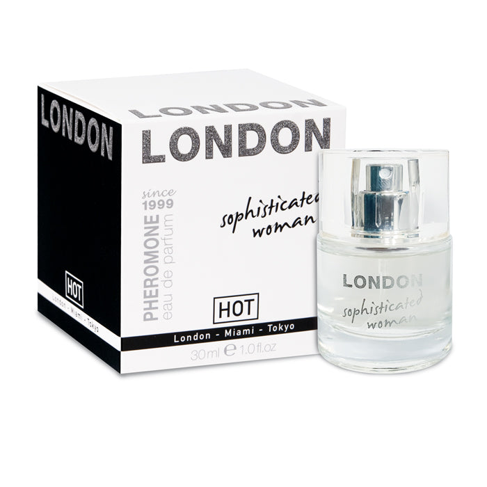 Hot Pheromone London - Sophisticated Woman - Pheromone Perfume for Women - 30 ml Bottle with sleek packaging.