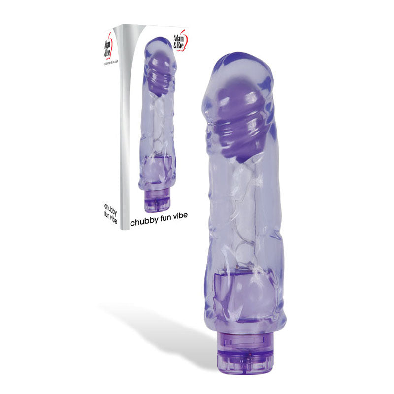 Adam & Eve Chubby Fun Vibe -  22.9 cm (9'') Thick Vibrator in clear packaging, showcasing its realistic design and features.