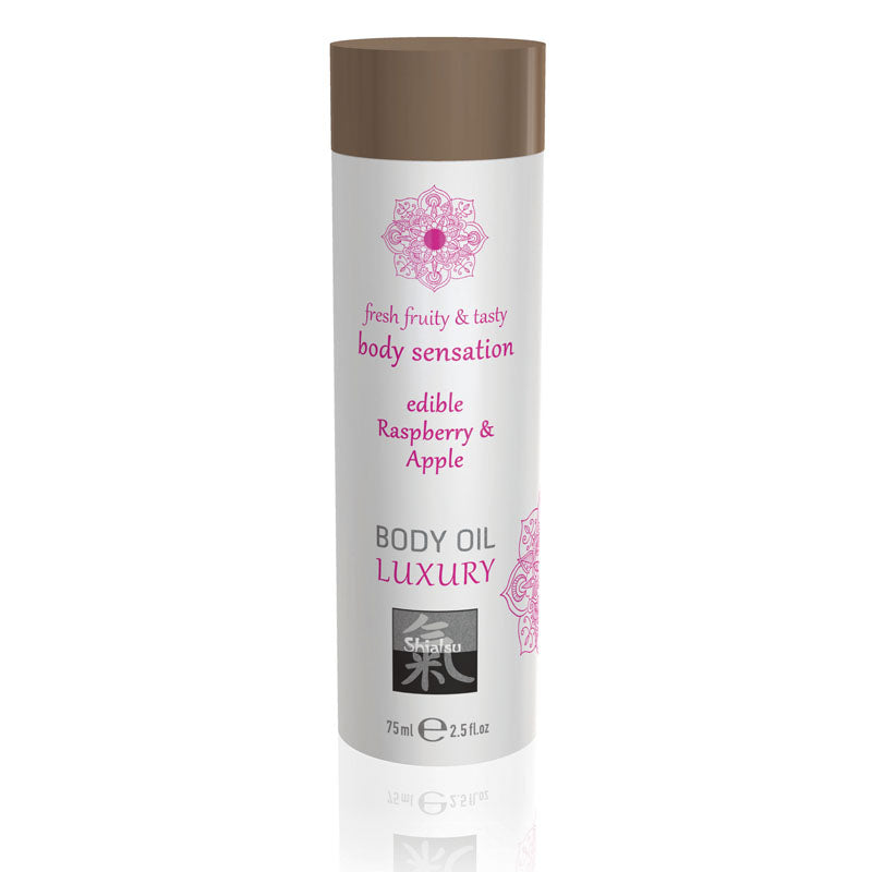 SHIATSU Edible Body Oil - Luxury - Raspberry & Apple Flavoured - 75 ml packaging showcasing its fresh fruity taste.