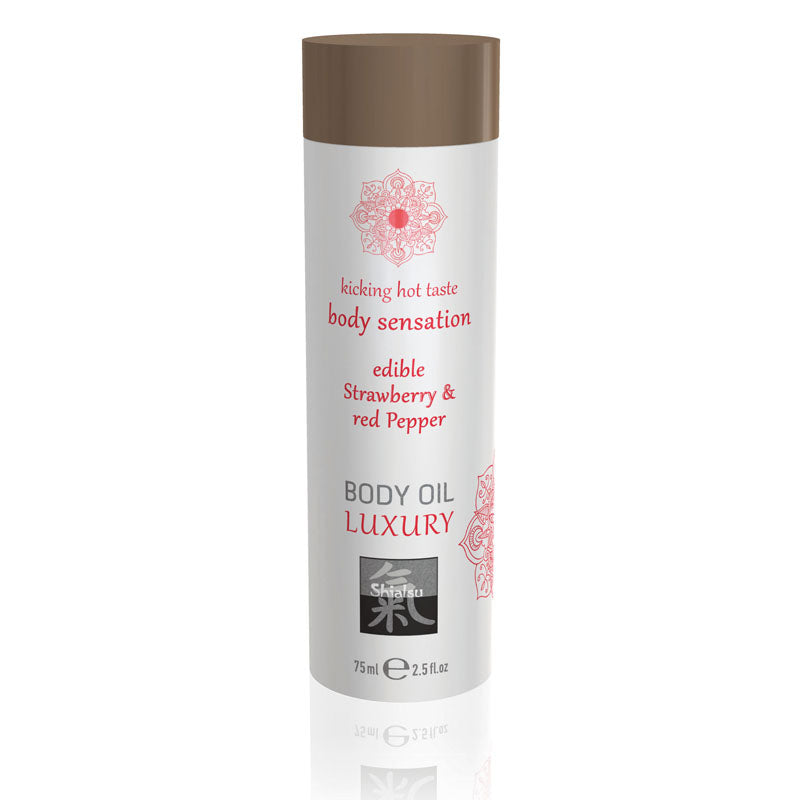 SHIATSU Edible Body Oil Luxury - Strawberry & Red Pepper Flavoured - 75 ml bottle with elegant design.