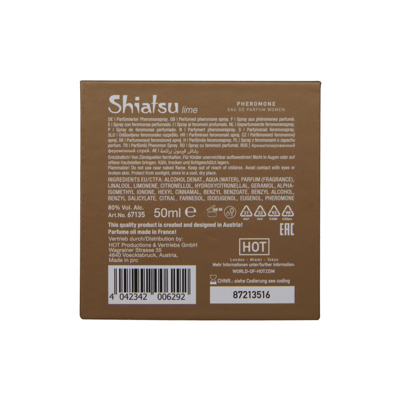 Shiatsu Pheromone Eau De Parfum Women - Lime - Pheromone Fragrance for Women - 50 ml packaging back view.